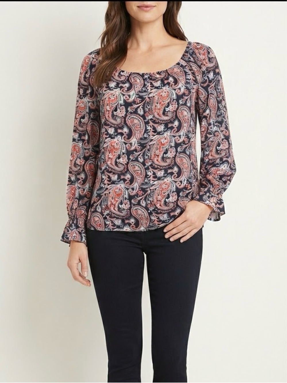 JM Collection Paisley Blouse Navy Coral Long Sleeve Ruffle Cuff Rayon Top Sz S